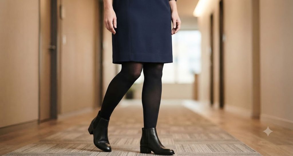 Woman wearing a navy work dress with matte black opaque tights and ankle boots.