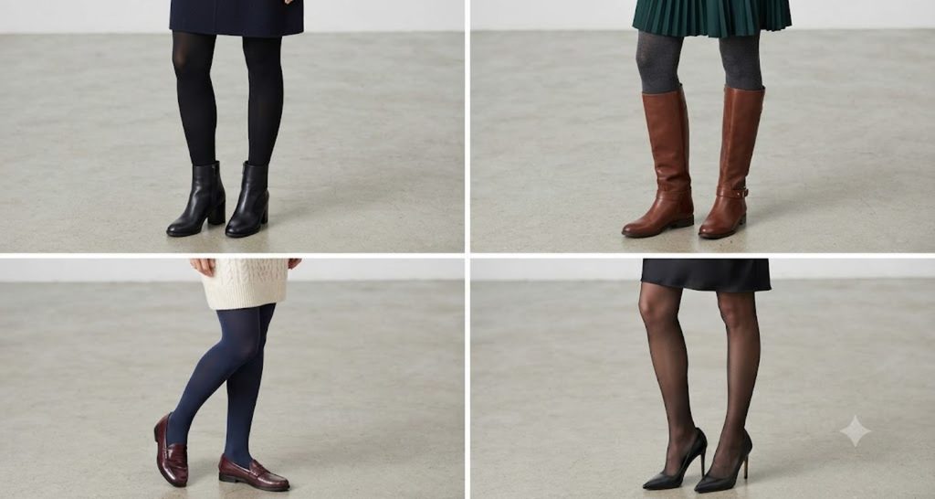 Winter tights styled with ankle boots, knee-high boots, loafers, and closed-toe pumps.