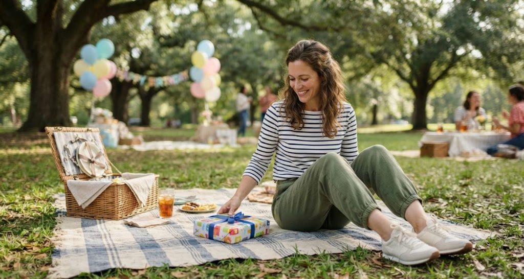 Guest wearing olive pants and sneakers while sitting on a picnic blanket