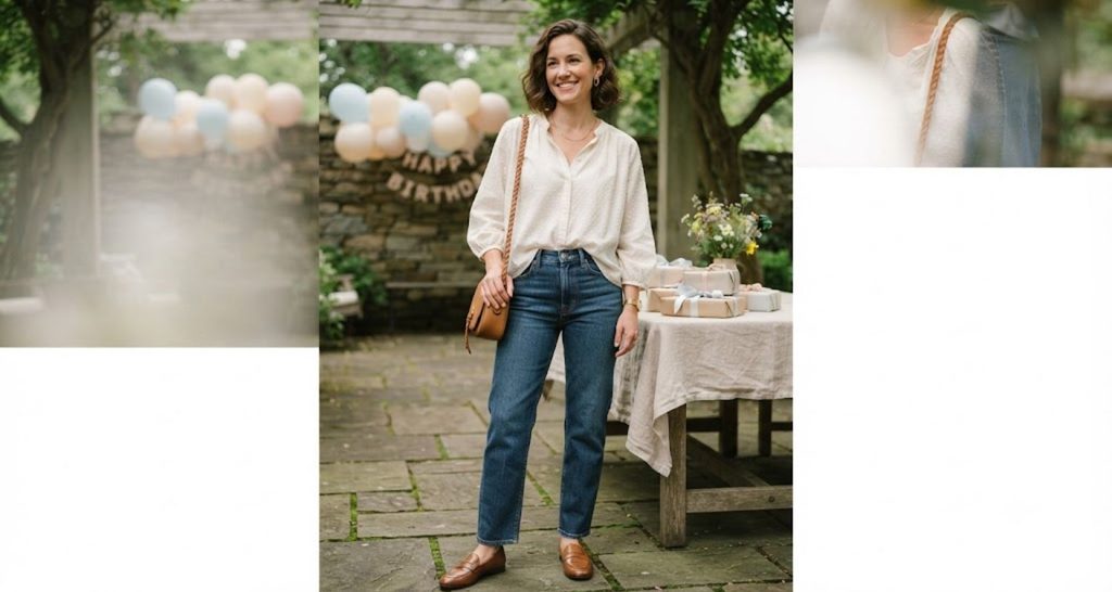 Woman wearing an ivory blouse, dark straight-leg jeans, and tan loafers