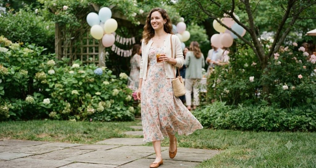 Guest wearing a floral midi dress, cream cardigan, and closed-toe flats at a spring party