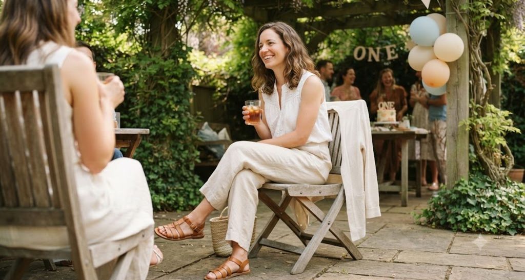 Guest wearing loose linen-blend trousers, a sleeveless blouse, and flat sandals at a summer party