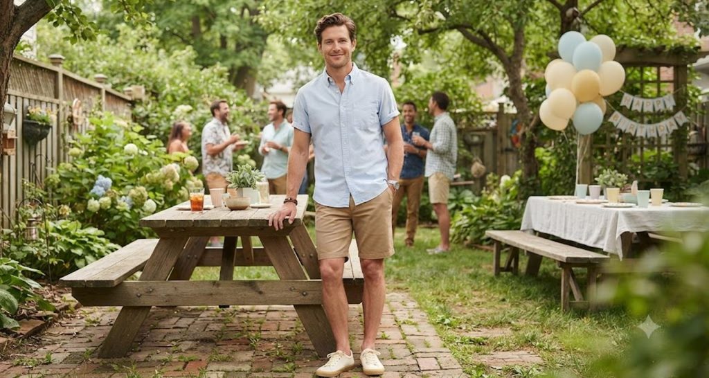 Man wearing tan tailored shorts, a pale-blue short-sleeve shirt, and canvas sneakers
