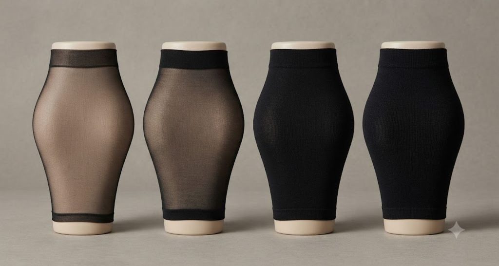 Four black hosiery samples showing progressively more opaque fabric coverage.
