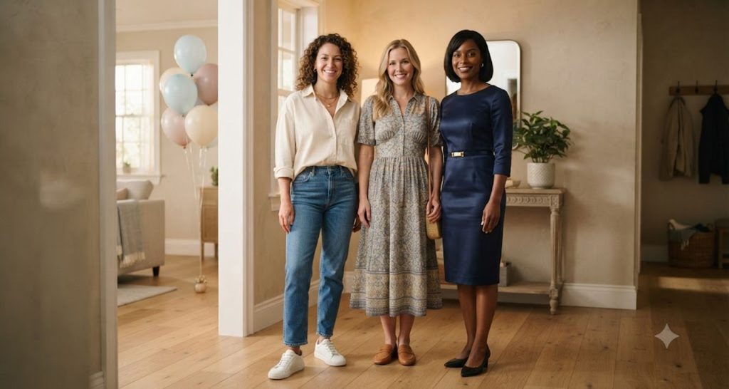 Three guests showing casual, smart casual, and dressy birthday party outfits