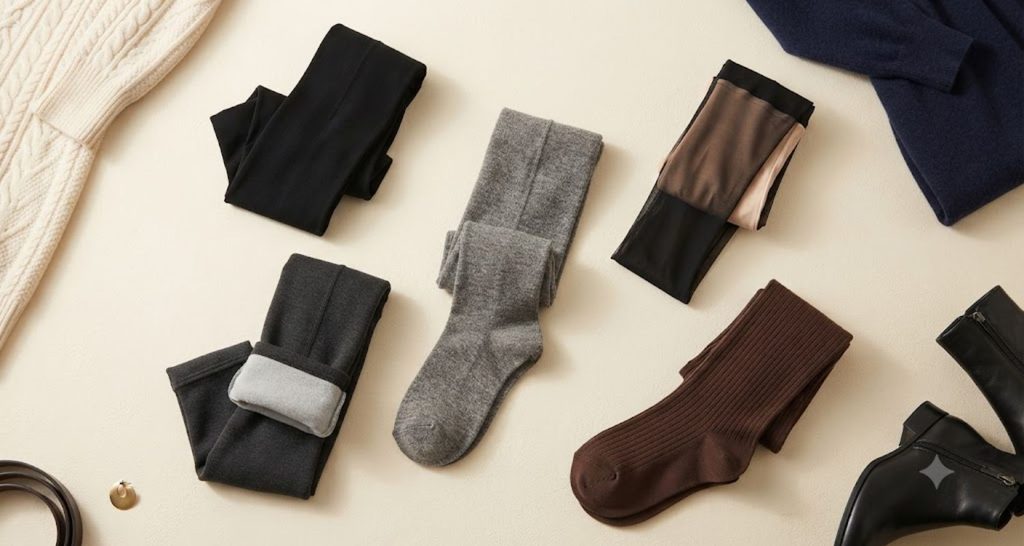 Five winter tights styles arranged beside dresses and ankle boots on an ivory background.