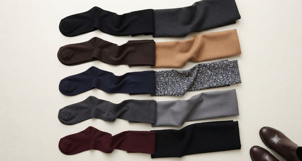 Black, brown, navy, charcoal, and burgundy tights beside coordinating dress fabrics.