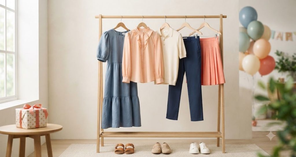 Birthday party clothes in sage green, dusty blue, peach, cream, and navy