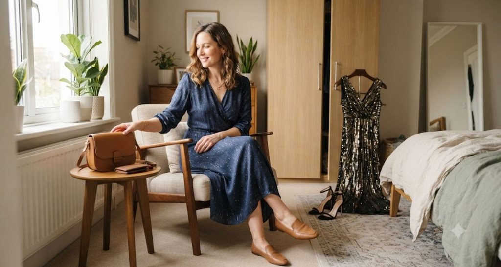 Woman checking how comfortably she can sit and reach in her party outfit