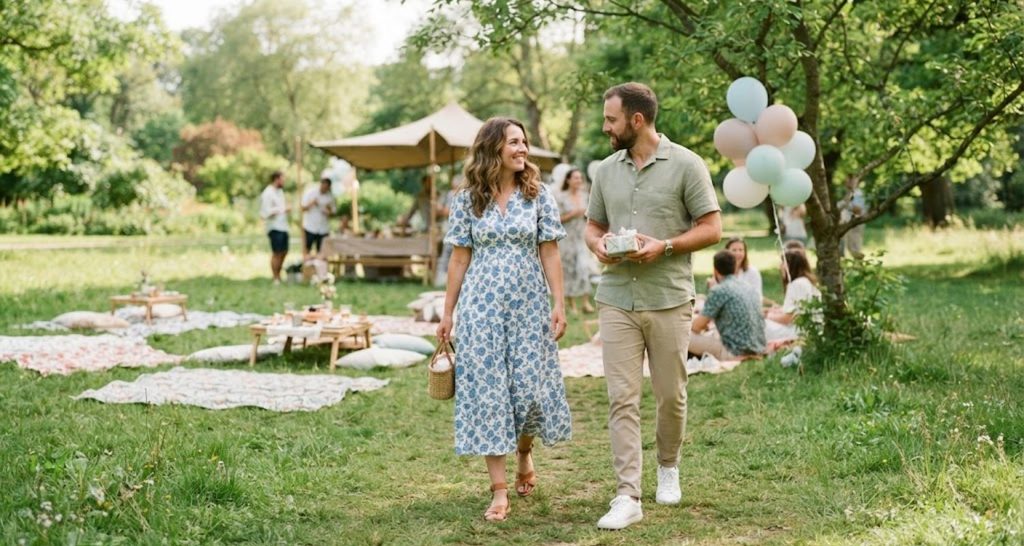 Guests wearing a floral midi dress and lightweight trousers at a park birthday picnic