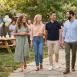 Guests wearing casual dresses, jeans, and chinos at a backyard first birthday party