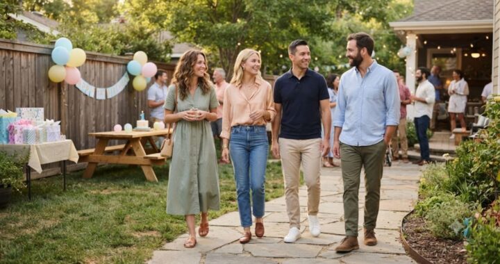 Guests wearing casual dresses, jeans, and chinos at a backyard first birthday party