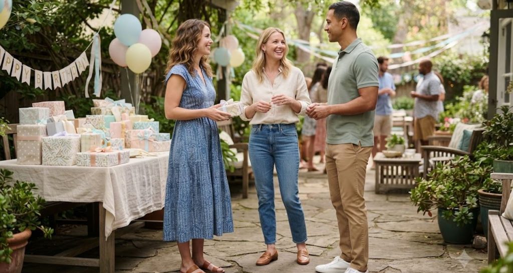 Three birthday guests wearing a daytime dress, blouse with jeans, and polo with chinos
