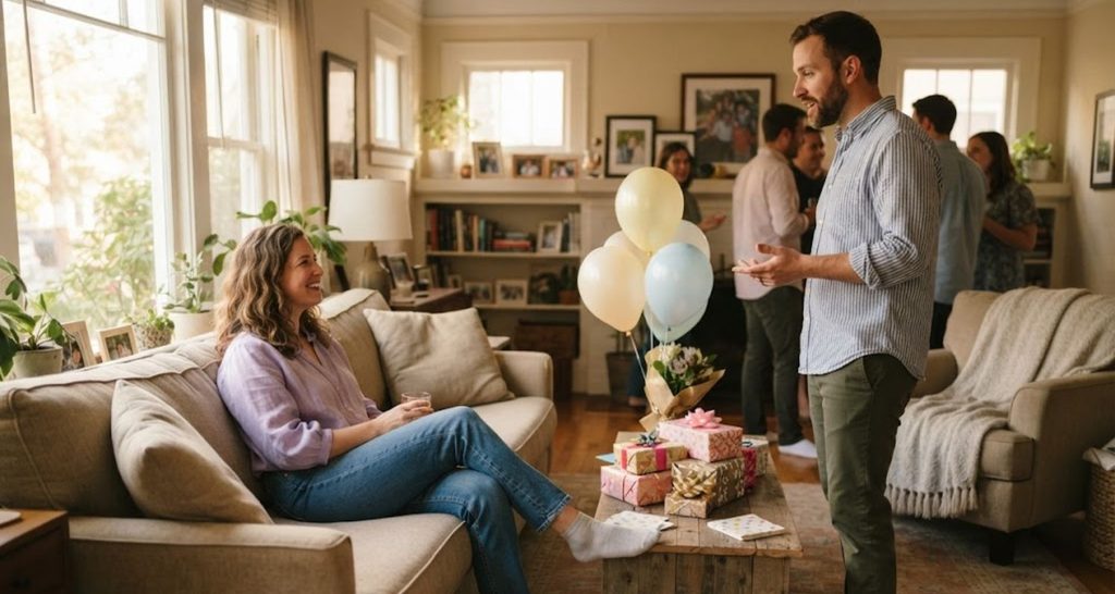Guests wearing comfortable jeans and chinos with socks at a house birthday party