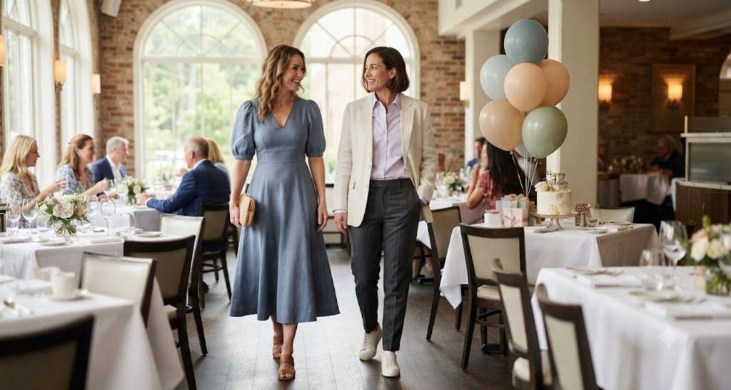 Guests wearing a dressy midi dress and tailored trousers with a blazer at a restaurant celebration