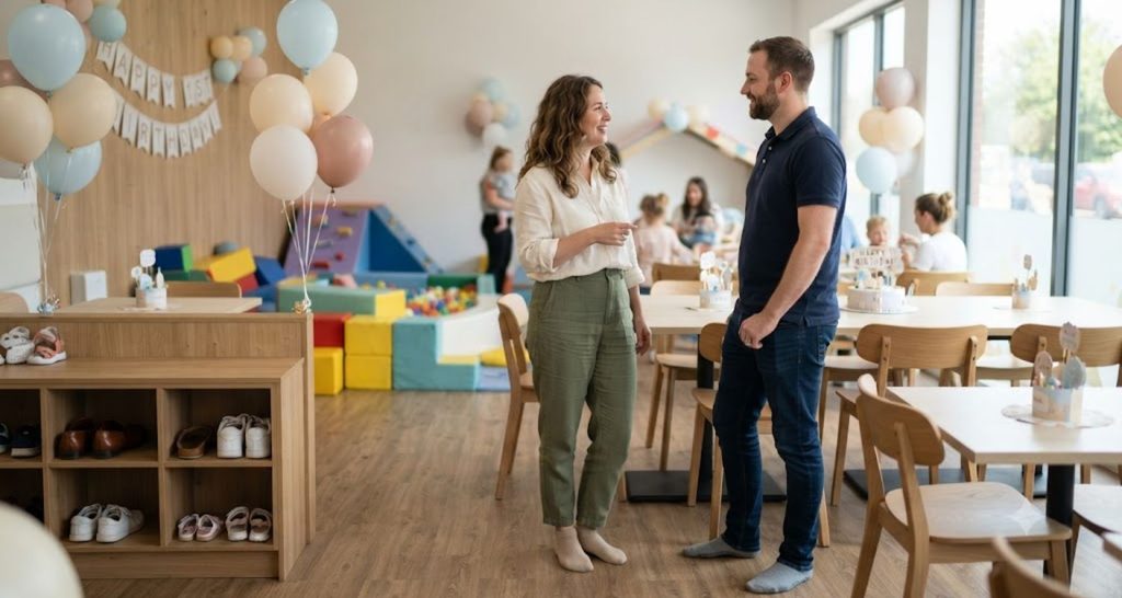 Adults wearing flexible pants and grip socks at an indoor birthday party