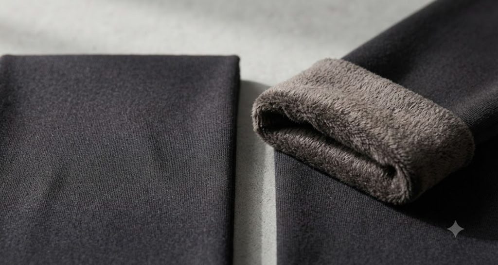 Three black hosiery swatches in display frames showing different levels of transparency.