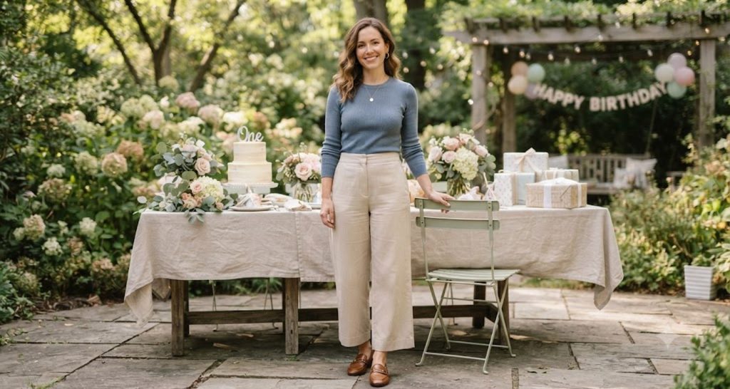 Woman wearing sand-colored wide-leg trousers, a blue knit top, and flat loafers