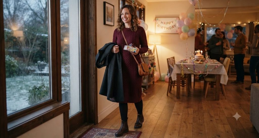 Guest wearing a burgundy knit dress, tights, and ankle boots while holding a wool coat
