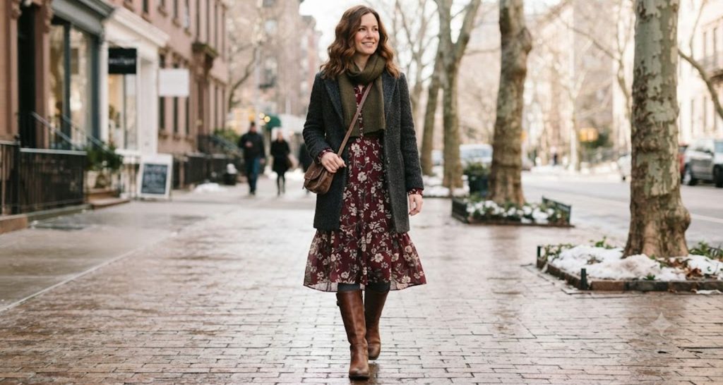 Burgundy floral midi dress styled with charcoal tights and tall brown boots.