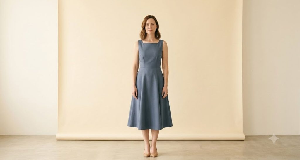Slate blue A-line dress with a fitted bodice on a rectangle body shape