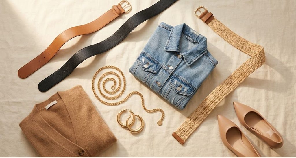 Wide belts, cropped jacket and accessories that define the waist on a rectangle body shape
