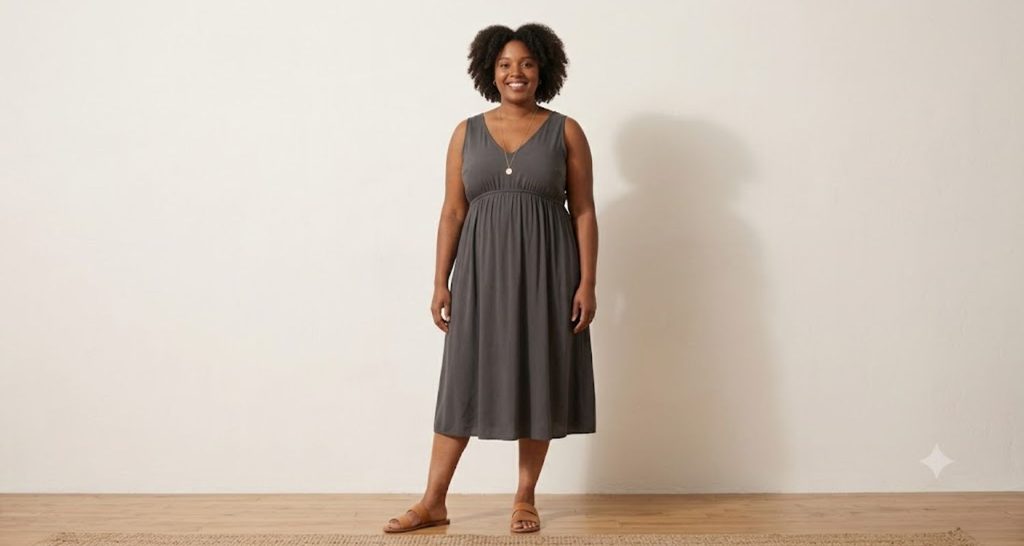Woman with an apple body shape wearing a V-neck empire waist dress