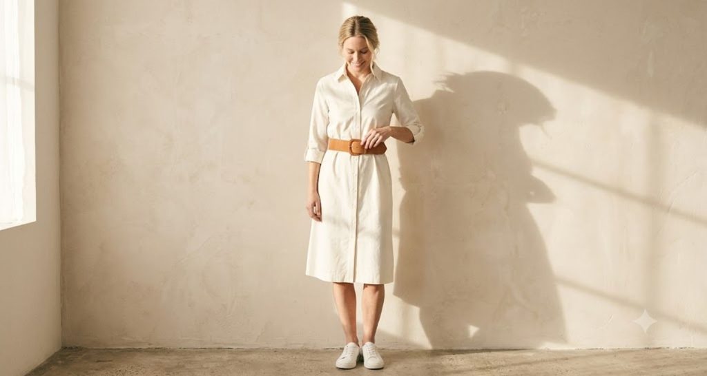 Ivory shirt dress with a wide belt defining the waist on a rectangle body shape