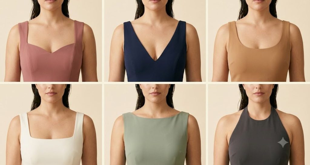 Six flattering necklines for a rectangle body shape shown side by side