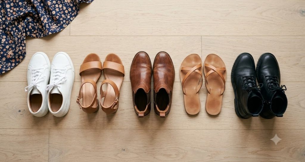 Overhead flat lay of white sneakers, block heel sandals, ankle boots and flat sandals