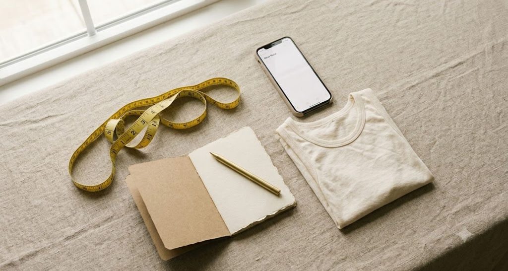 Tape measure, notebook, and pen laid out for taking body measurements