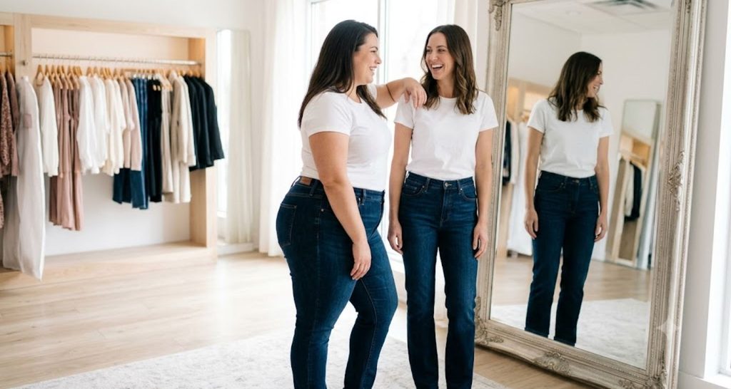 Two women with different body shapes wearing the same jeans style