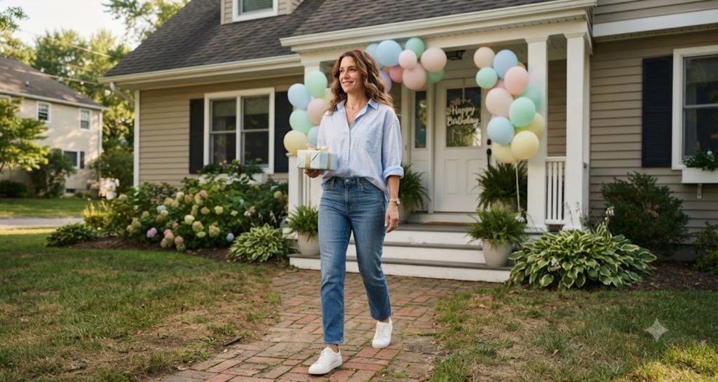 Guest wearing blue jeans, a pale-blue cotton shirt, and white sneakers while carrying a birthday gift