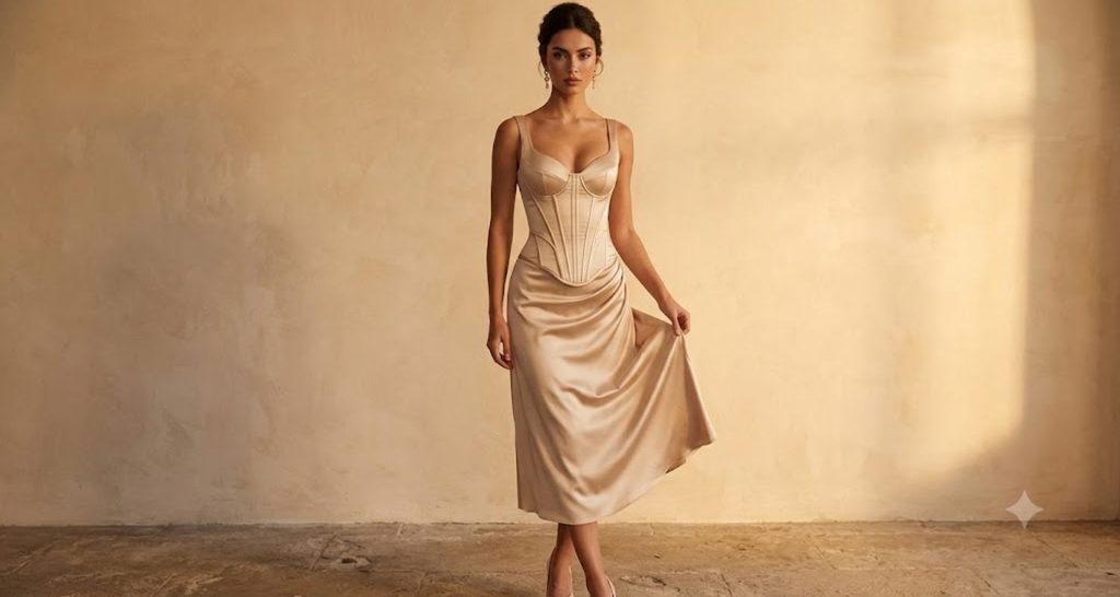 Champagne corset midi dress sculpting the waist on a rectangle body shape