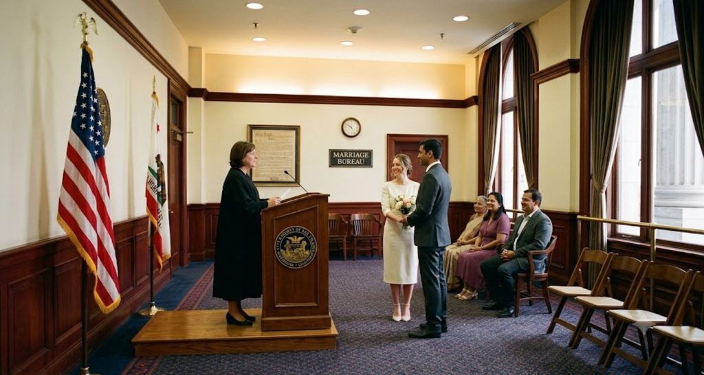 Small courthouse wedding ceremony in a plain municipal room with a handful of guests