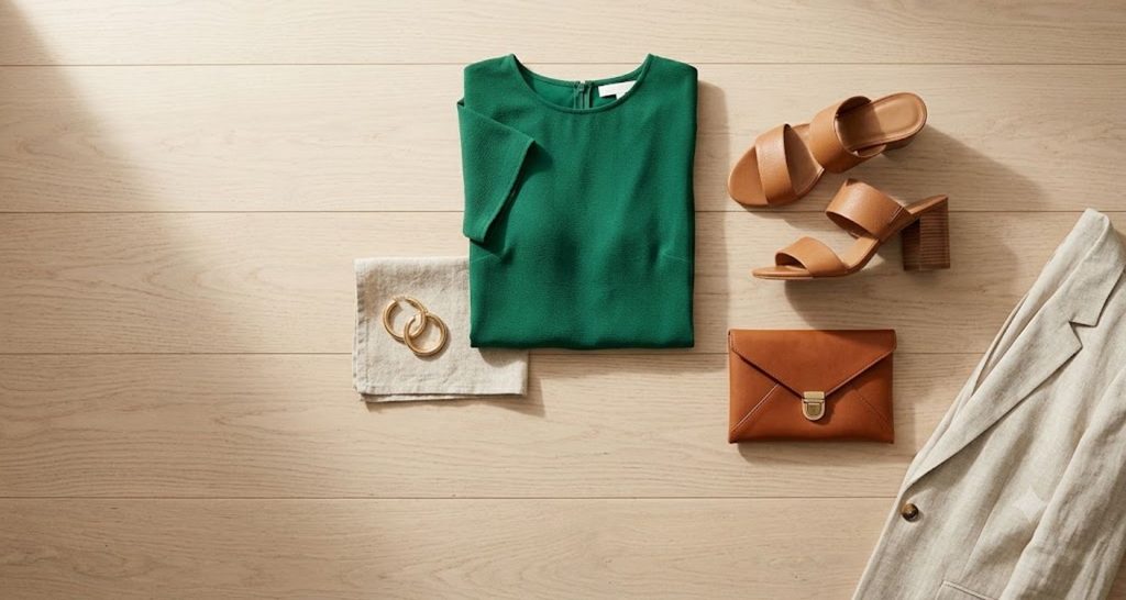 Flat lay of a courthouse wedding guest outfit with a midi dress, block heels, and clutch