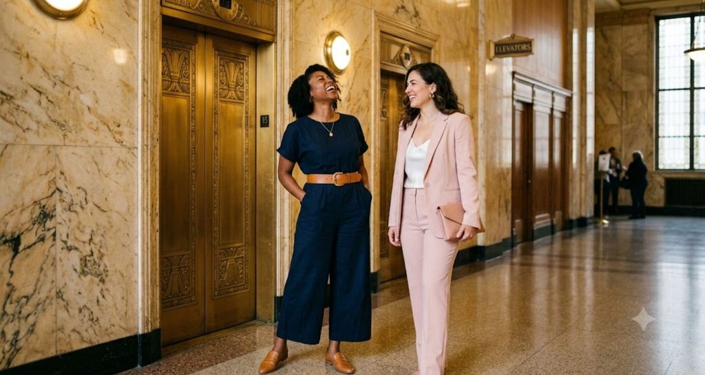 Wedding guests wearing a navy wide-leg jumpsuit and a blush pantsuit