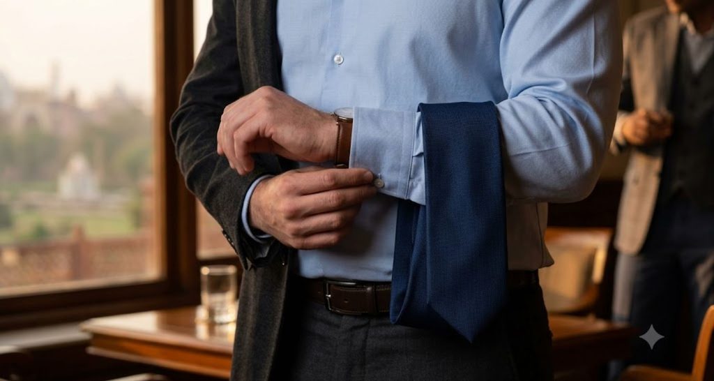 Close-up of a dress shirt collar, tie, pocket square, and leather watch strap