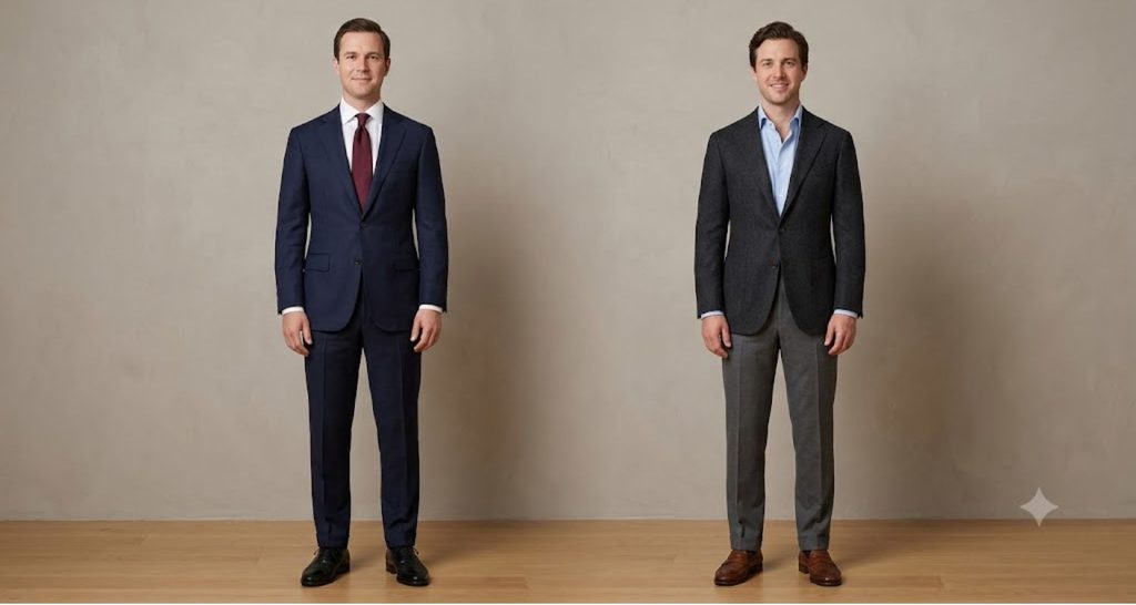 Side-by-side comparison of a full navy suit and a blazer with dress trousers