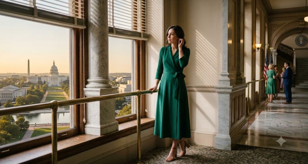 Guest in a jewel-tone midi wrap dress with three-quarter sleeves at a courthouse
