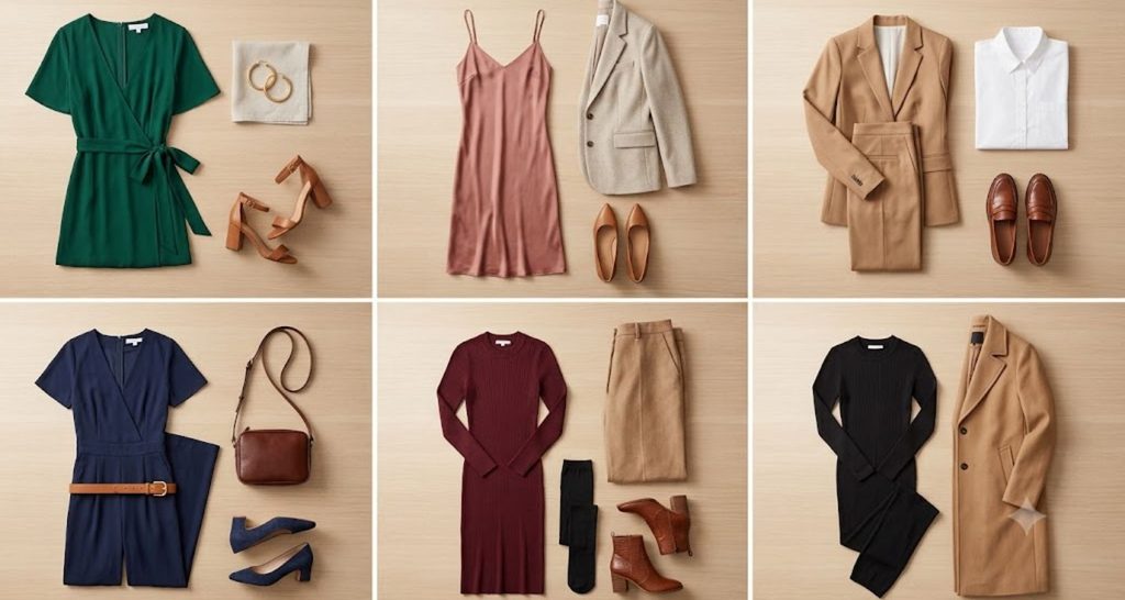 Five complete courthouse wedding guest outfits including a wrap dress, tan suit, and jumpsuit