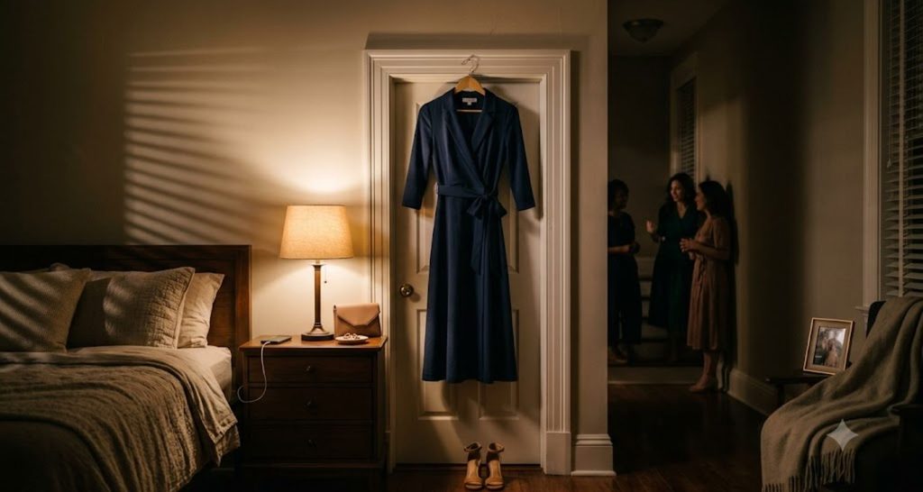 A guest outfit steamed and hung on a door the night before a courthouse wedding