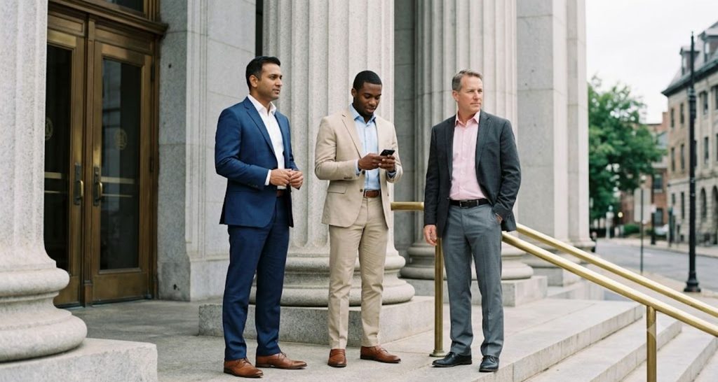 Three men in a navy suit, tan suit, and blazer with trousers as courthouse wedding guests