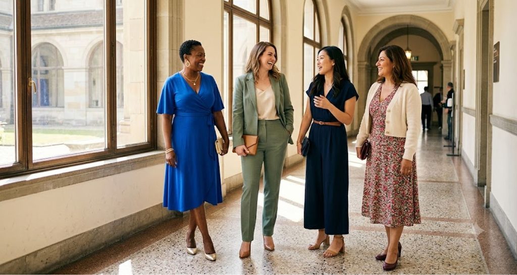 Four women in midi dresses, a jumpsuit, and a pastel pantsuit as courthouse wedding guests