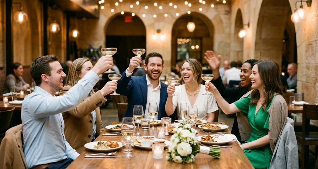 Wedding guests toasting at a restaurant table after a courthouse ceremony