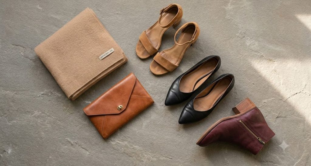 Block-heel shoes, dressy flats, and a small clutch styled for a courthouse wedding