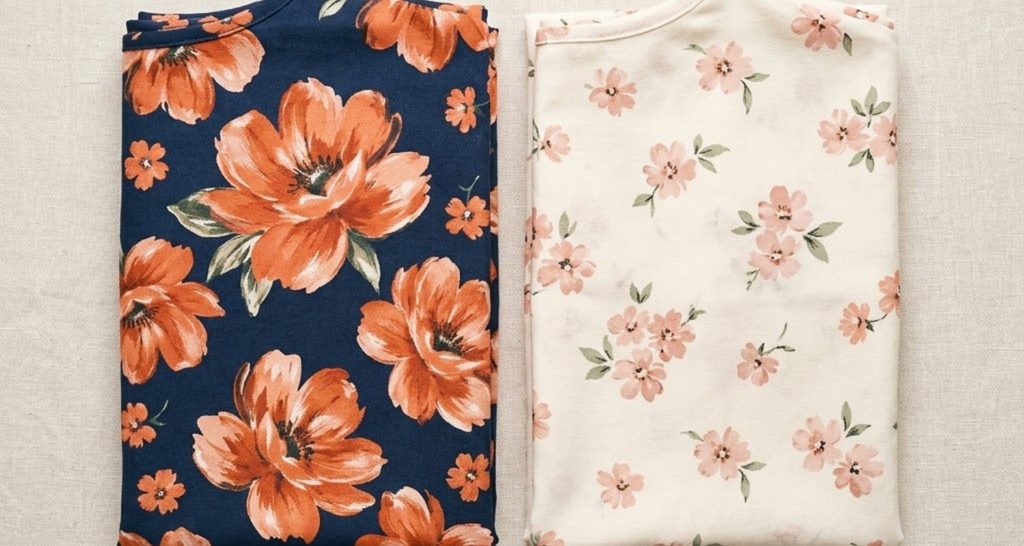 Dark navy floral fabric next to a cream floral fabric showing contrast difference