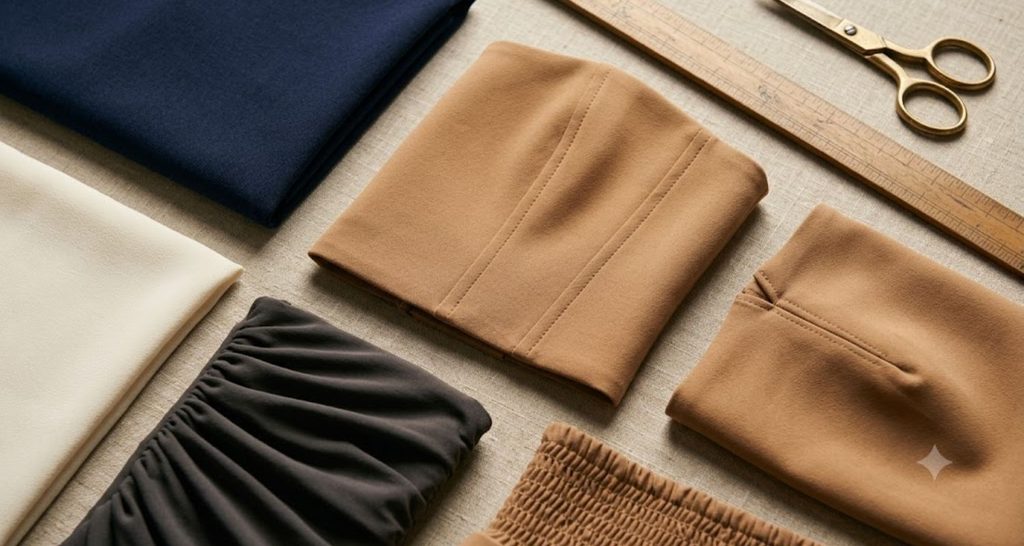 Close-up of dress fabrics and construction details that flatter a rectangle body shape