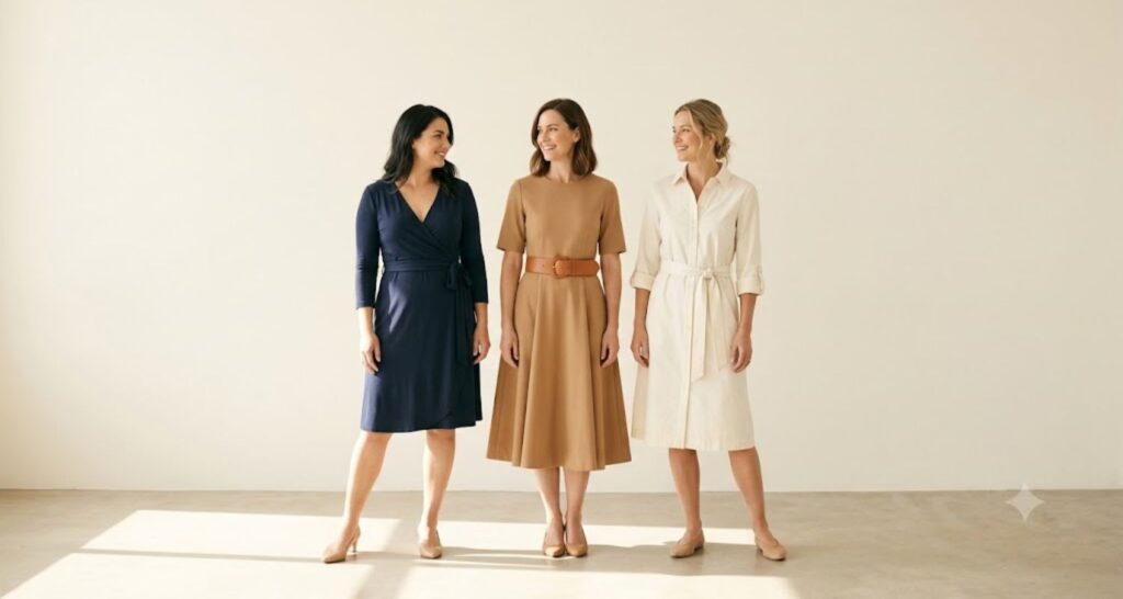 Three women with rectangle body shapes wearing a wrap dress, fit-and-flare dress and belted shirt dress