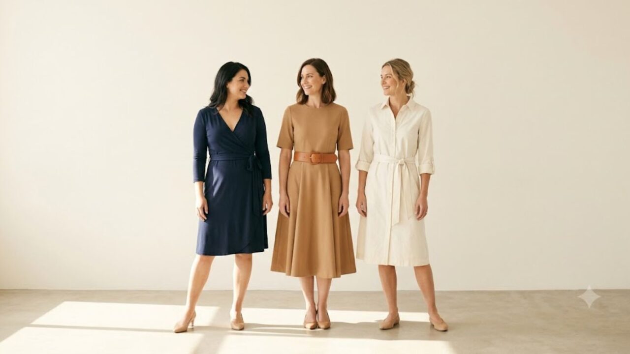 Three women with rectangle body shapes wearing a wrap dress, fit-and-flare dress and belted shirt dress